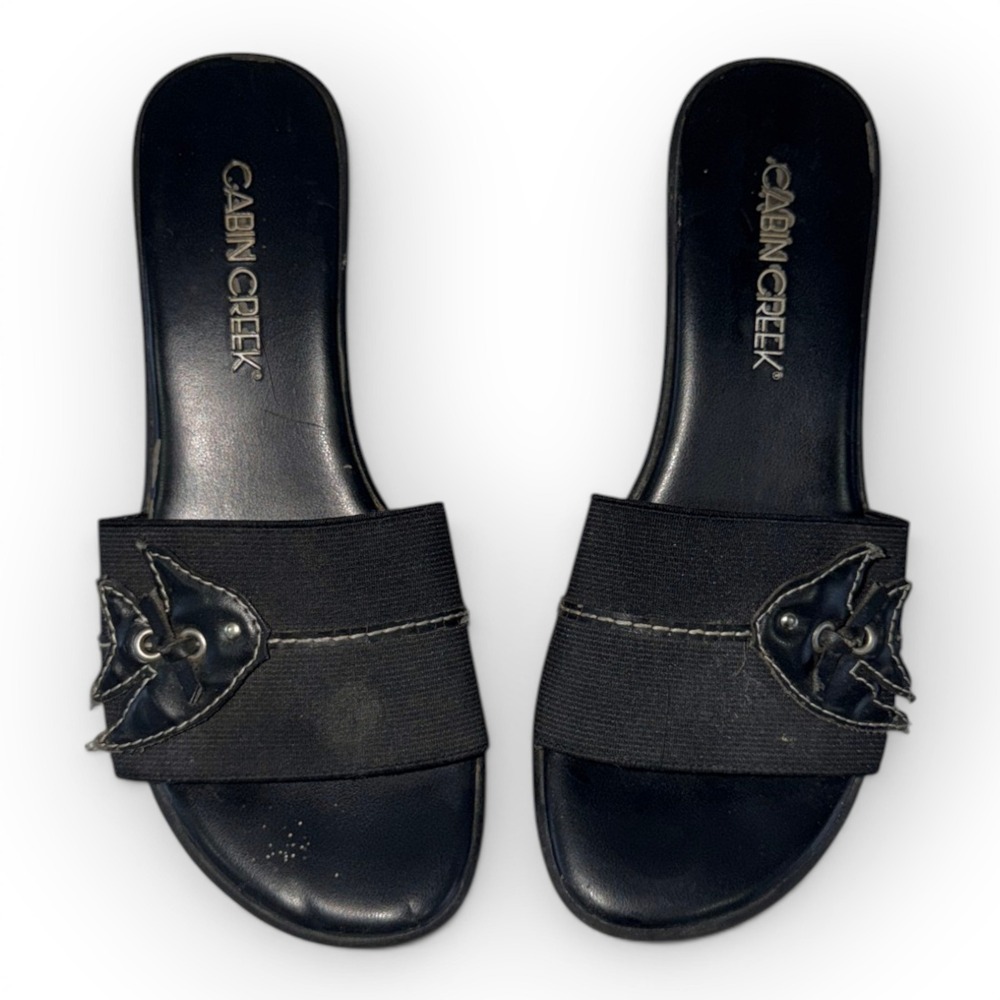 Cabin Creek Women Black Wedge Slide Sandals Butterfly Applique Size 6